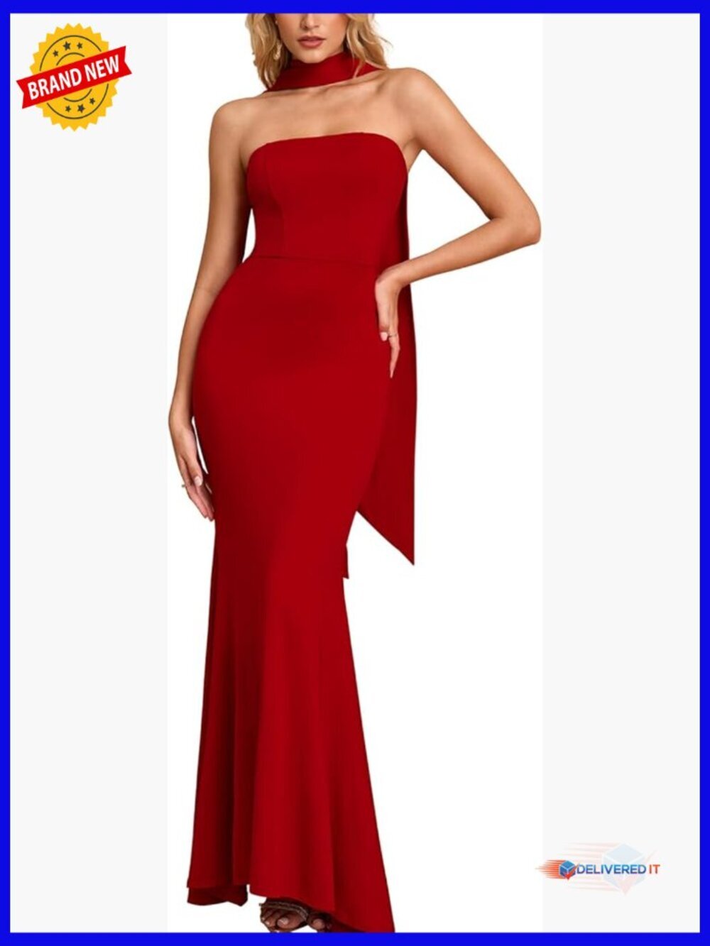 Strapless Maxi Dress with Scarf, Bodycon Formal Wedding Guest Cocktail Party